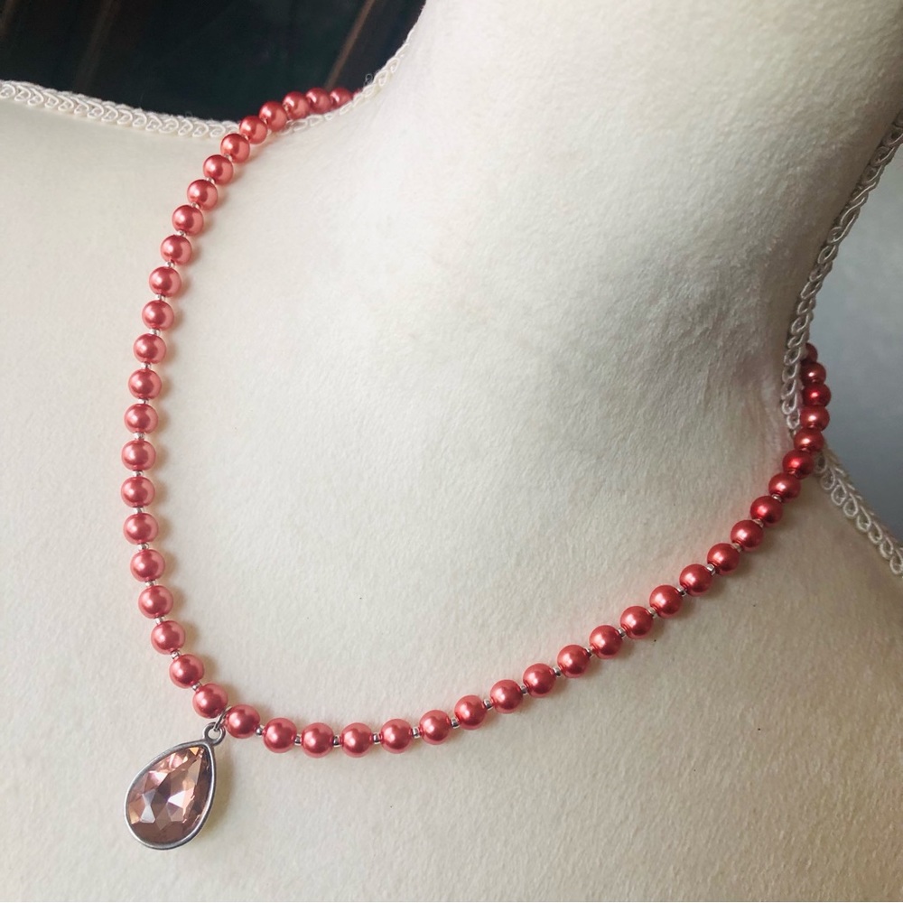 Handcrafted repurpose antique rose teardrop pendant Czech glass Pearl necklace